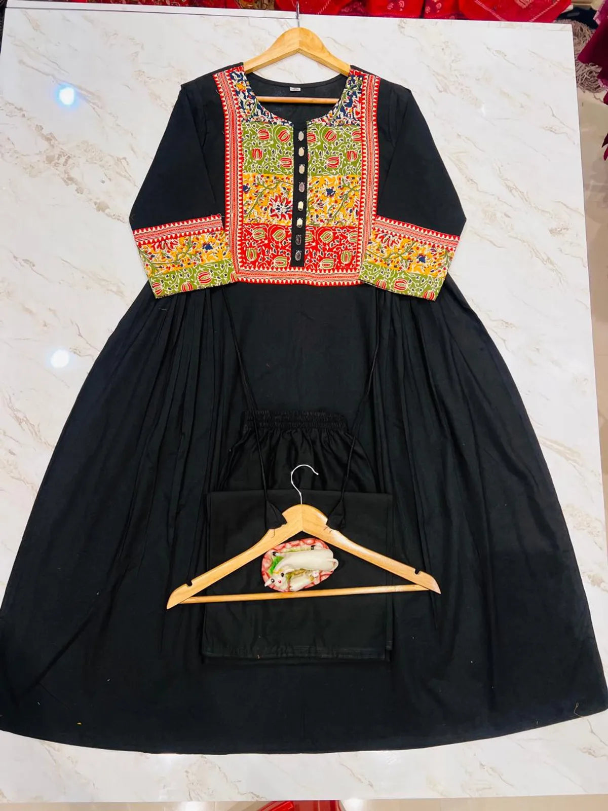 Women’s Black Embroidered Cotton Anarkali Kurta Pant Set