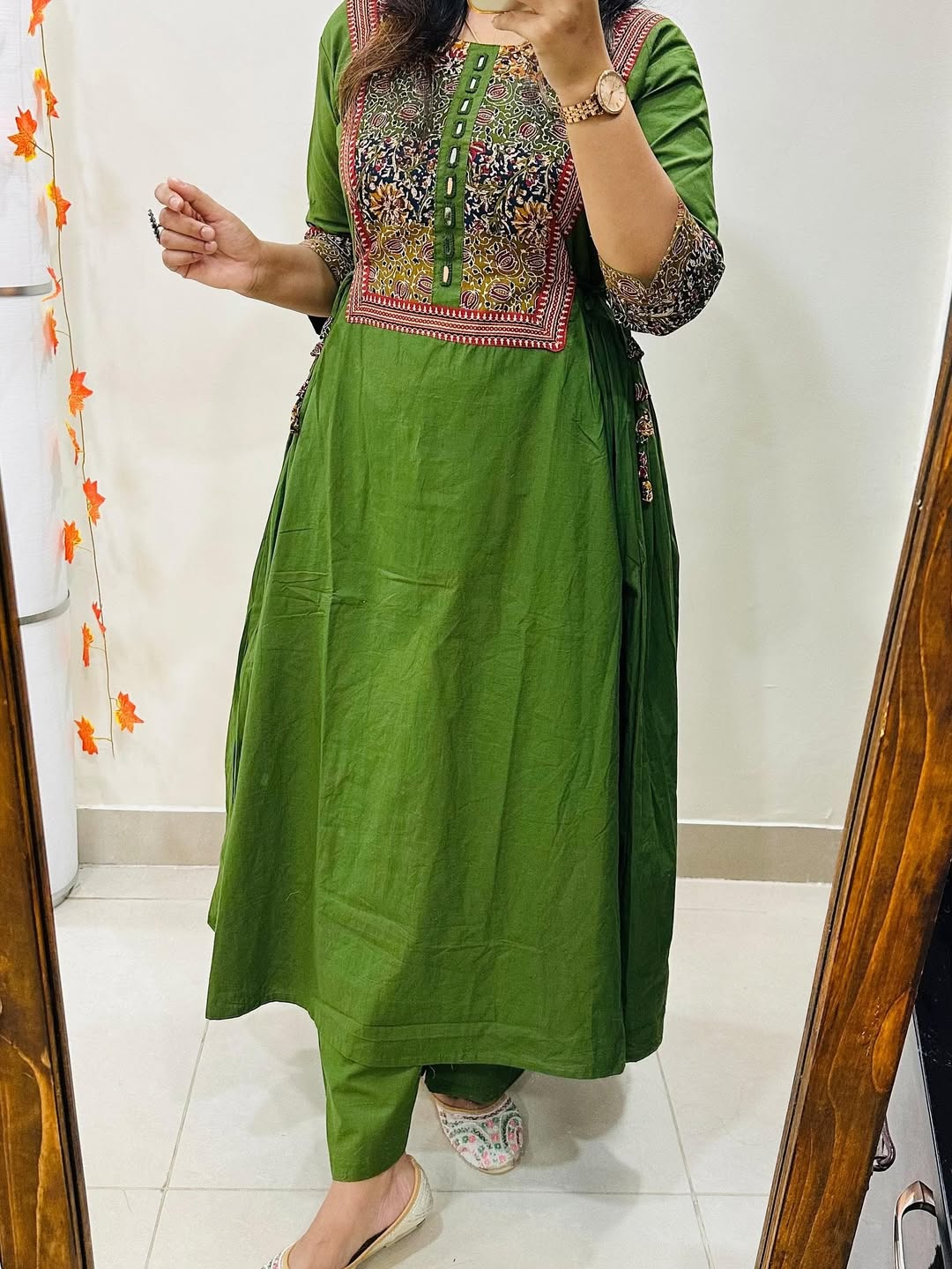 Women’s Olive Green Embroidered Cotton Anarkali Kurta Pant Set