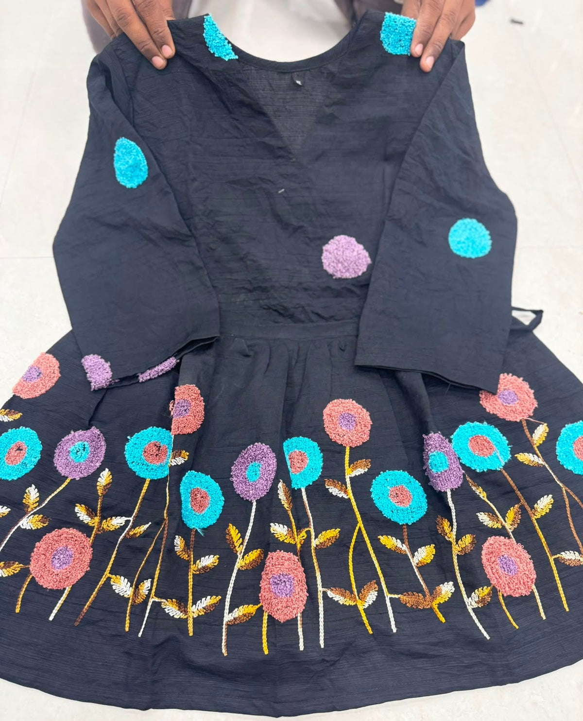 Black Multicolor Floral Embroidered Short Kurta