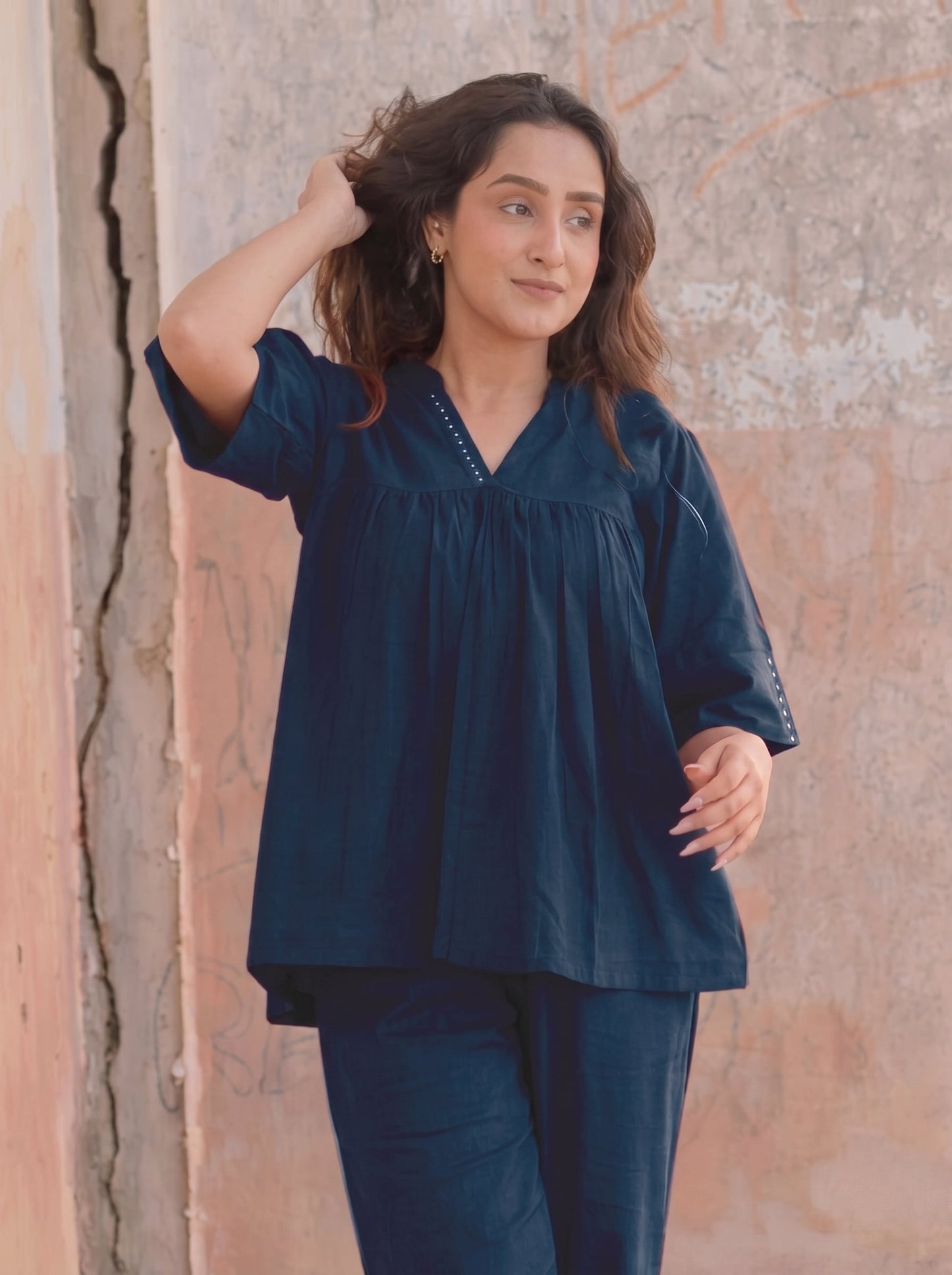Navy Blue Cotton Co-Ord Set for Women
