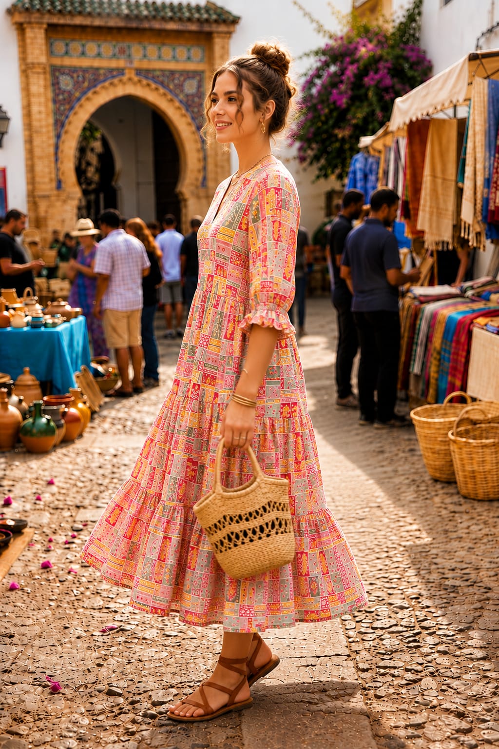 Pink Multicolour Geometric Printed Tiered Midi Dress