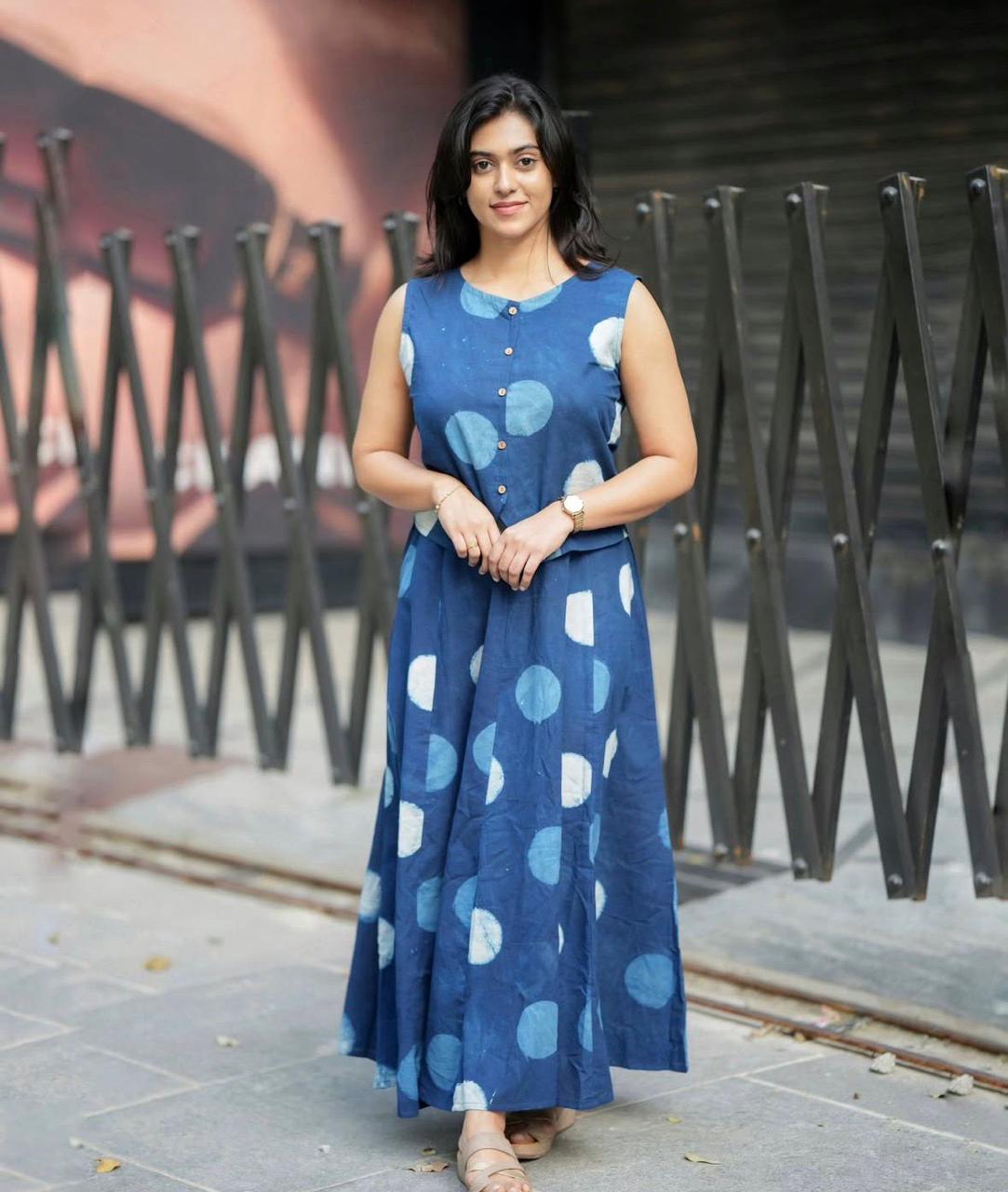 Women's Blue Cotton Top with Floral Long Skirt