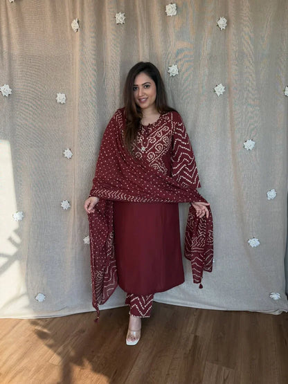 Maroon Bandhani Embroidery & Dupatta Set