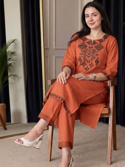 Rust Orange Geometric Embroidered Kurta Pant Set for Women