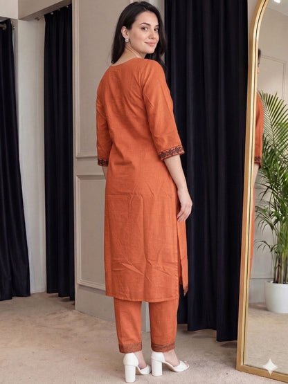 Rust Orange Geometric Embroidered Kurta Pant Set for Women