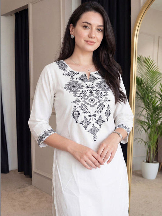 White Geometric Embroidered Kurta Pant Set for Women