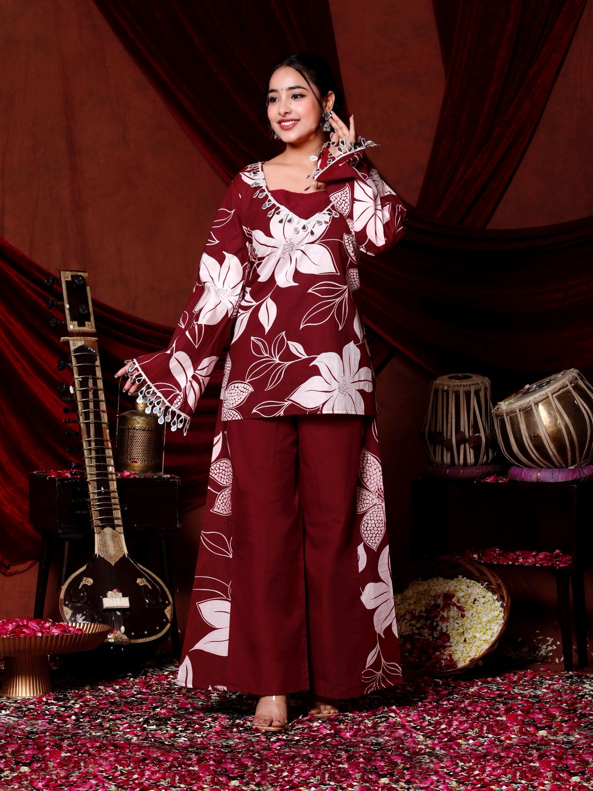 Maroon Ethnic Floral Co-ord Set
