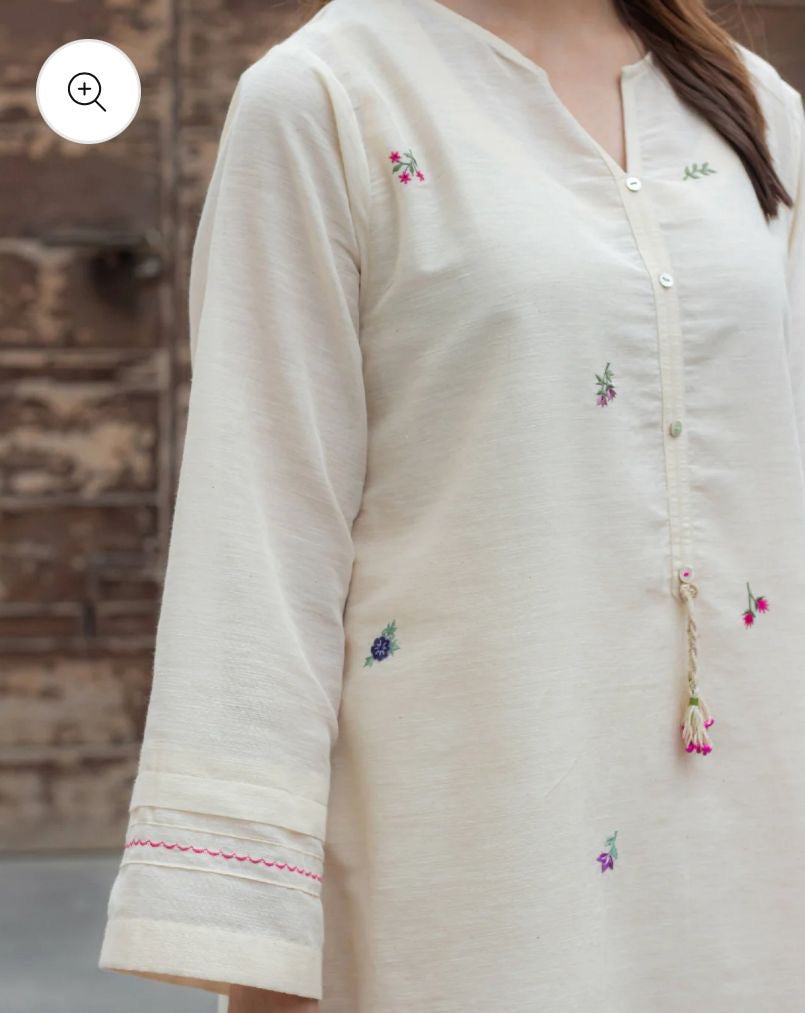 Ivory Floral Embroidered Kurta Pant Set for Women