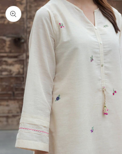 Ivory Floral Embroidered Kurta Pant Set for Women