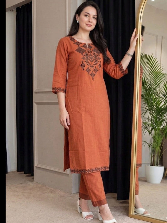 Rust Orange Geometric Embroidered Kurta Pant Set for Women