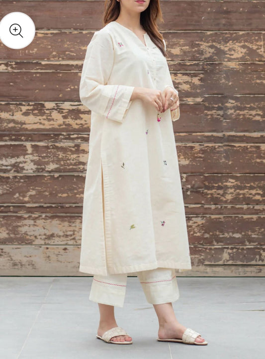 Ivory Floral Embroidered Kurta Pant Set for Women