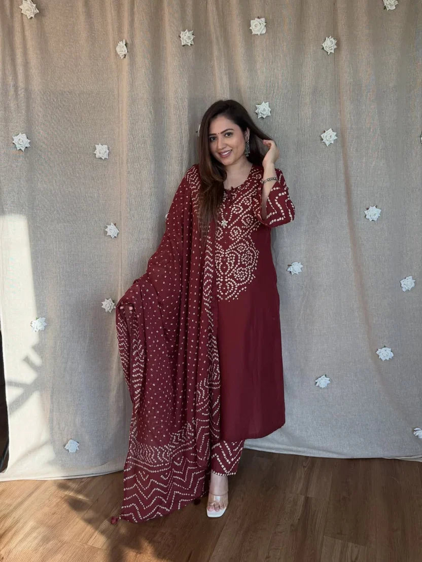 Maroon Bandhani Embroidery & Dupatta Set