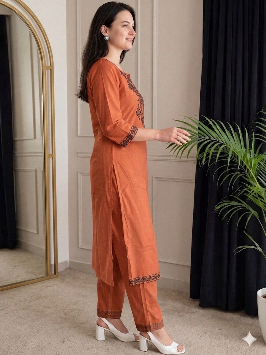 Rust Orange Geometric Embroidered Kurta Pant Set for Women
