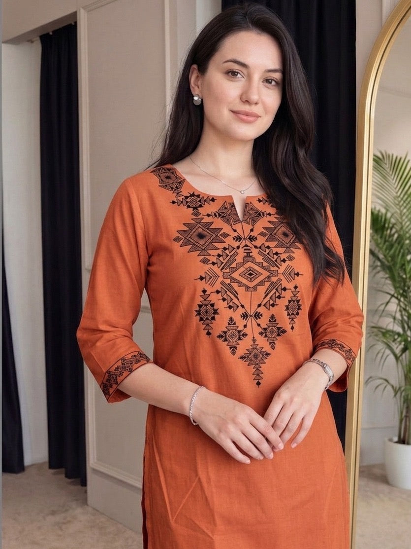 Rust Orange Geometric Embroidered Kurta Pant Set for Women