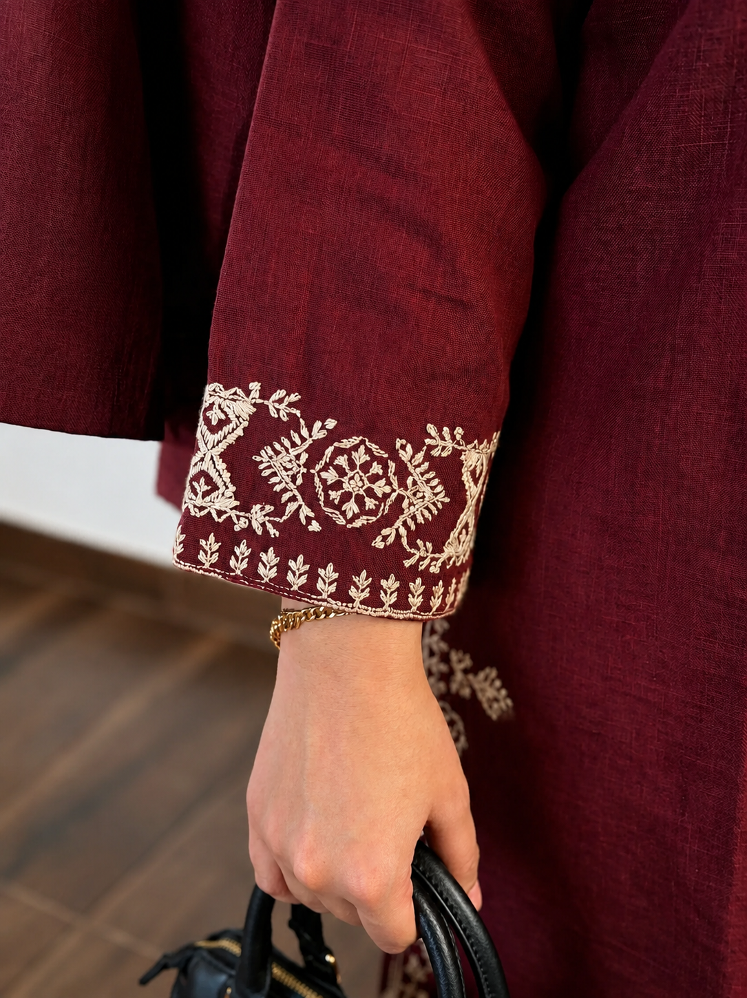 Maroon Embroidered Cotton Kurta Set With Palazzo Pants for Women