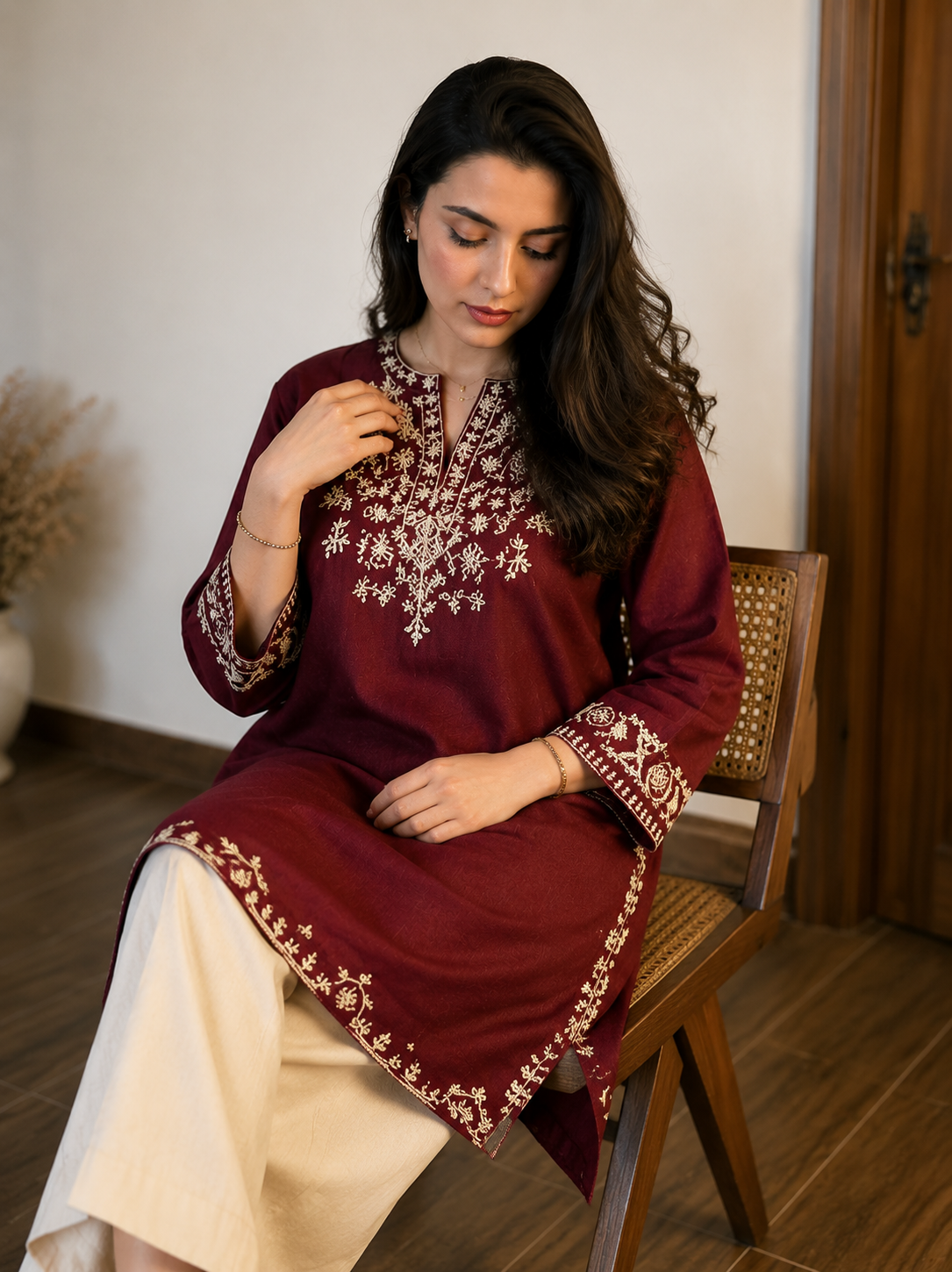 Maroon Embroidered Cotton Kurta Set With Palazzo Pants for Women