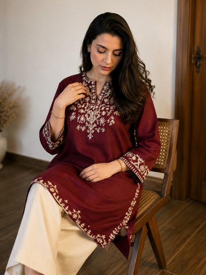 Maroon Embroidered Cotton Kurta Set With Palazzo Pants for Women