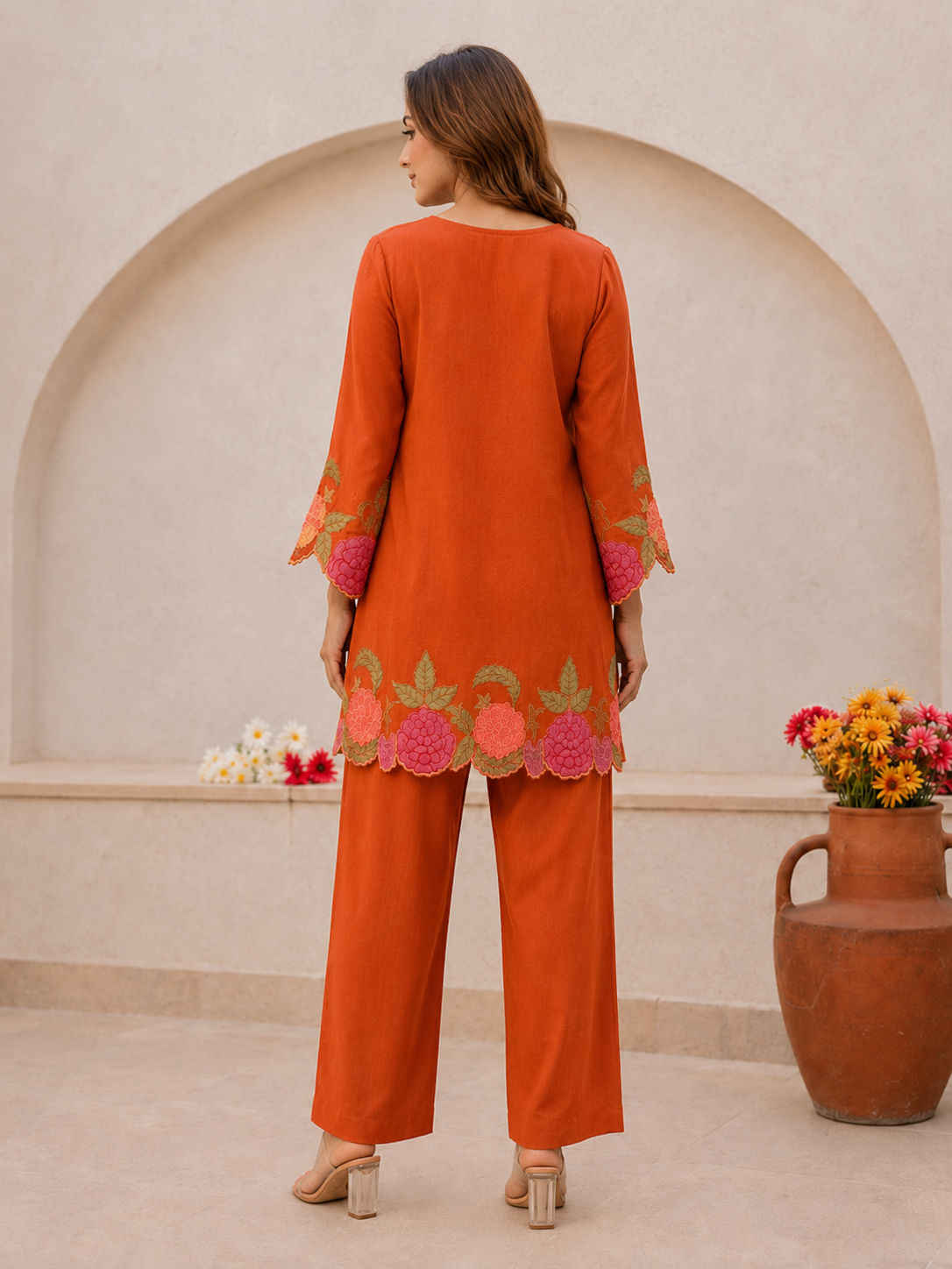 Orange Embroidered Cotton Co-Ord Set With Pants for Women