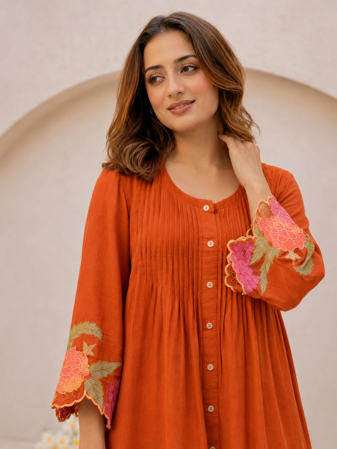 Orange Embroidered Cotton Co-Ord Set With Pants for Women