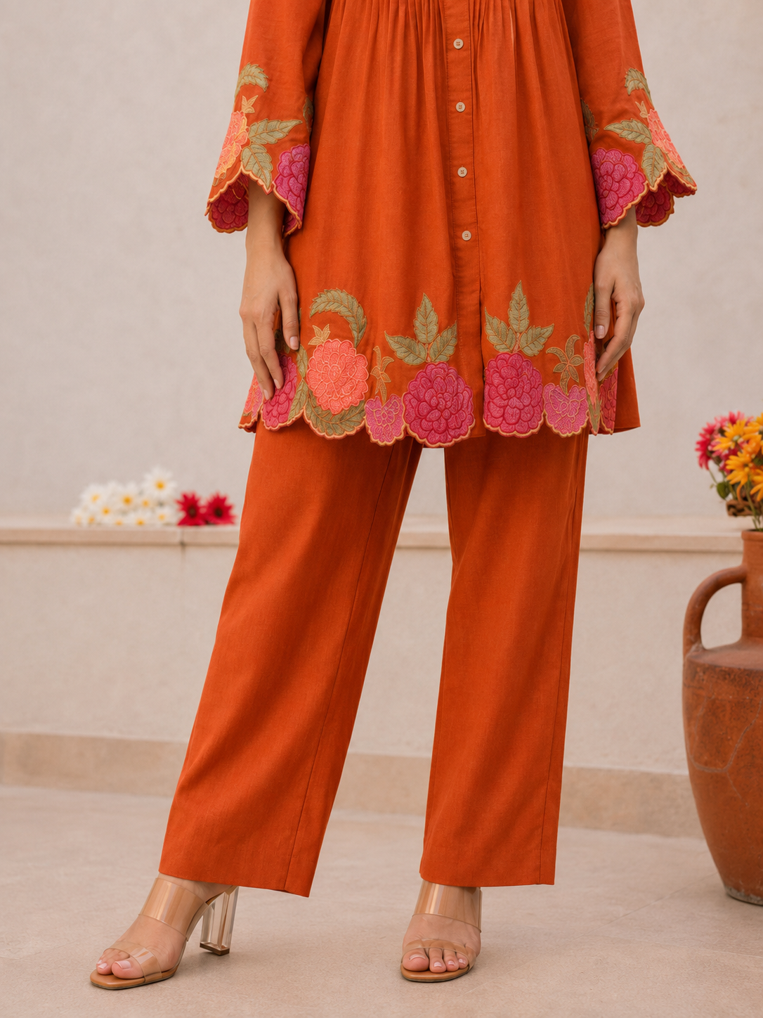 Orange Embroidered Cotton Co-Ord Set With Pants for Women