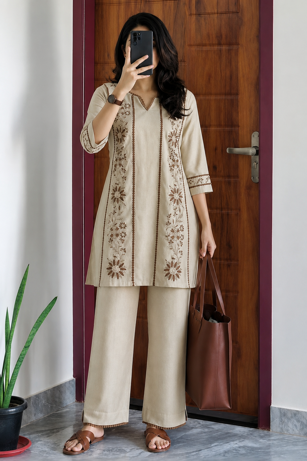 Beige Embroidered Cotton Co-Ord Set With Pants for Women
