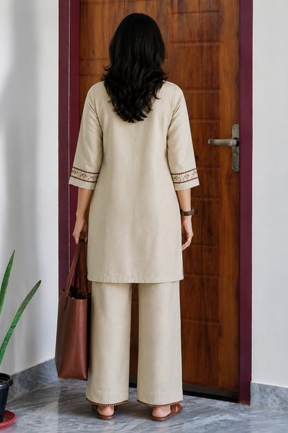 Beige Embroidered Cotton Co-Ord Set With Pants for Women