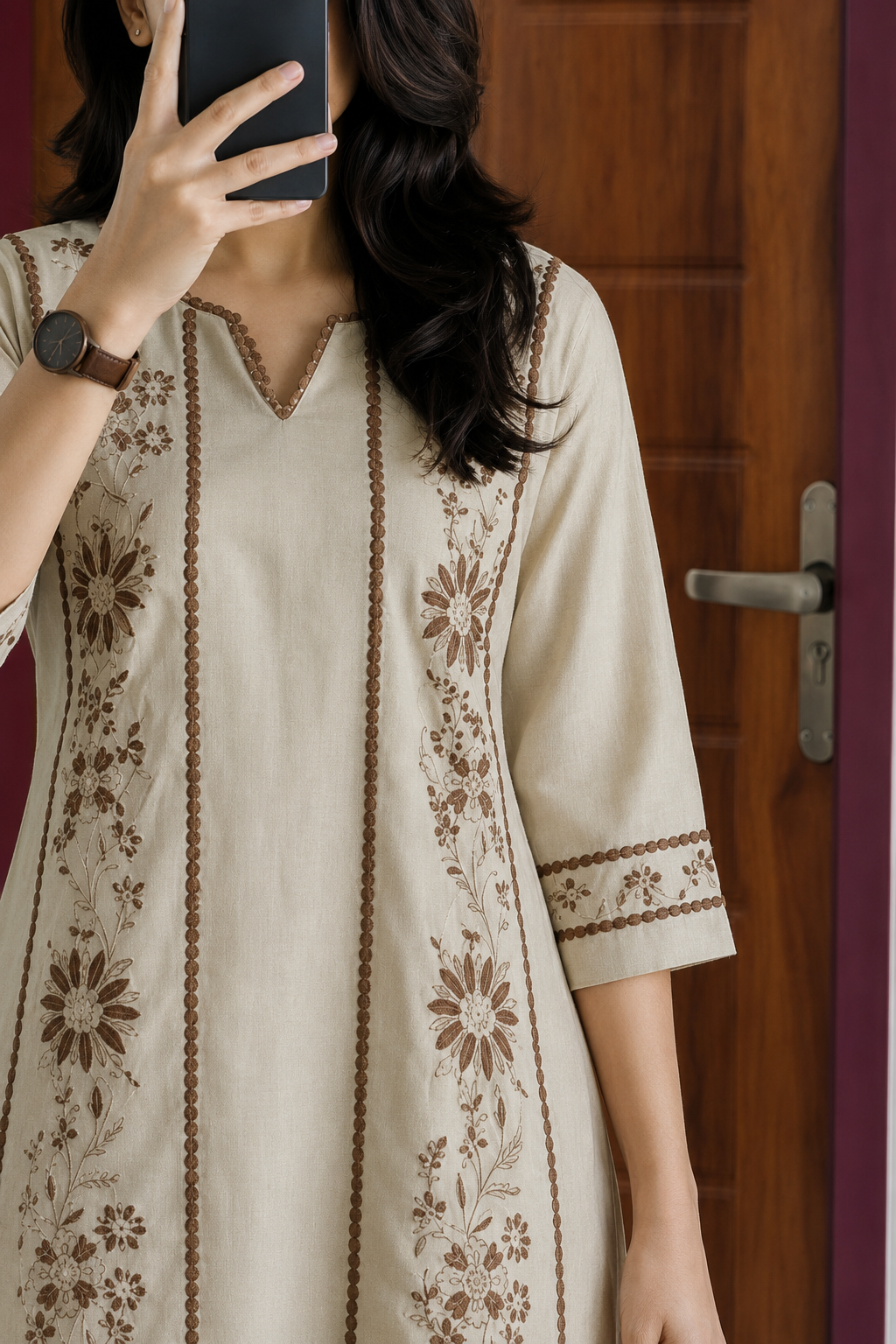 Beige Embroidered Cotton Co-Ord Set With Pants for Women