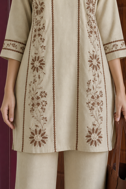 Beige Embroidered Cotton Co-Ord Set With Pants for Women