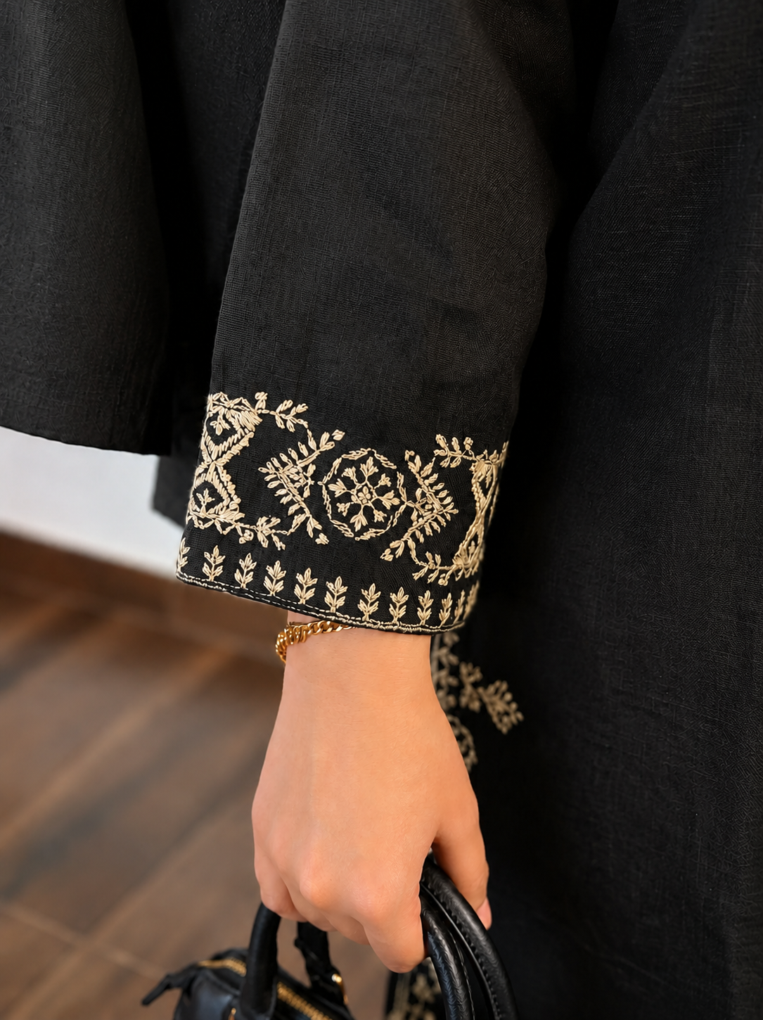 Black Embroidered Cotton Kurta Set With Palazzo Pants for Women