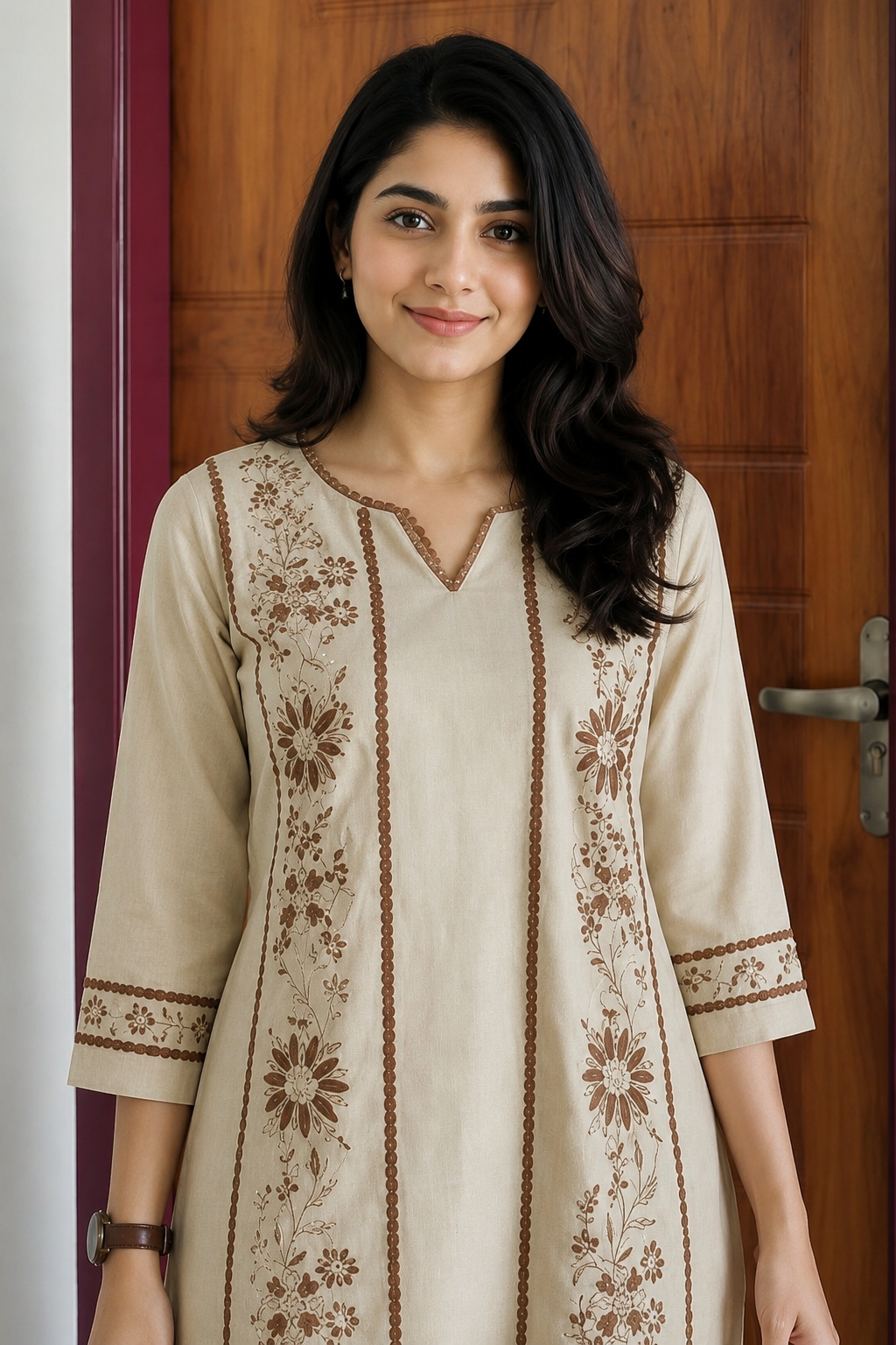 Beige Embroidered Cotton Co-Ord Set With Pants for Women
