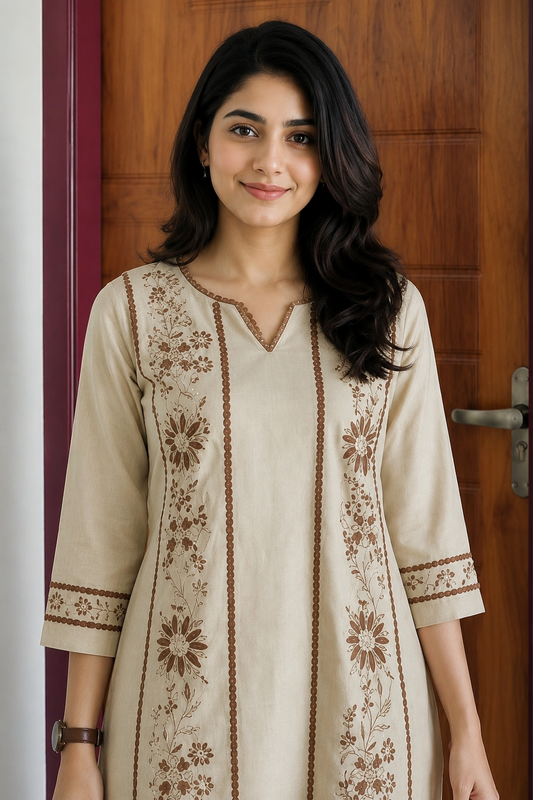 Beige Embroidered Cotton Co-Ord Set With Pants for Women