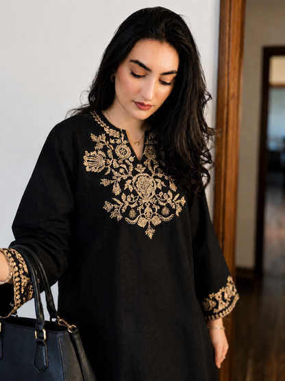 Black Embroidered Cotton Kurta Set With Palazzo Pants for Women
