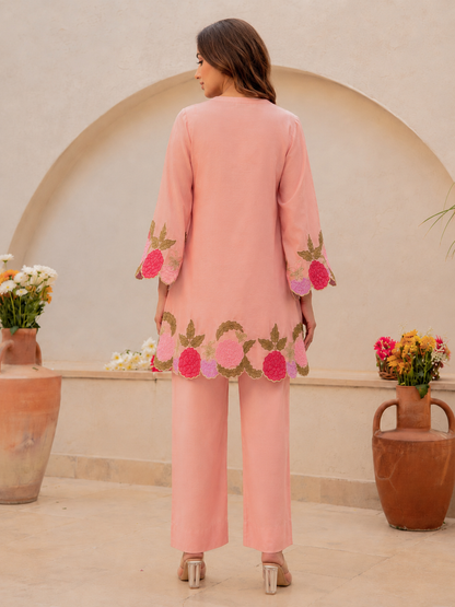 Pink Floral Embroidered Cotton Co-Ord Set With Pants for Women