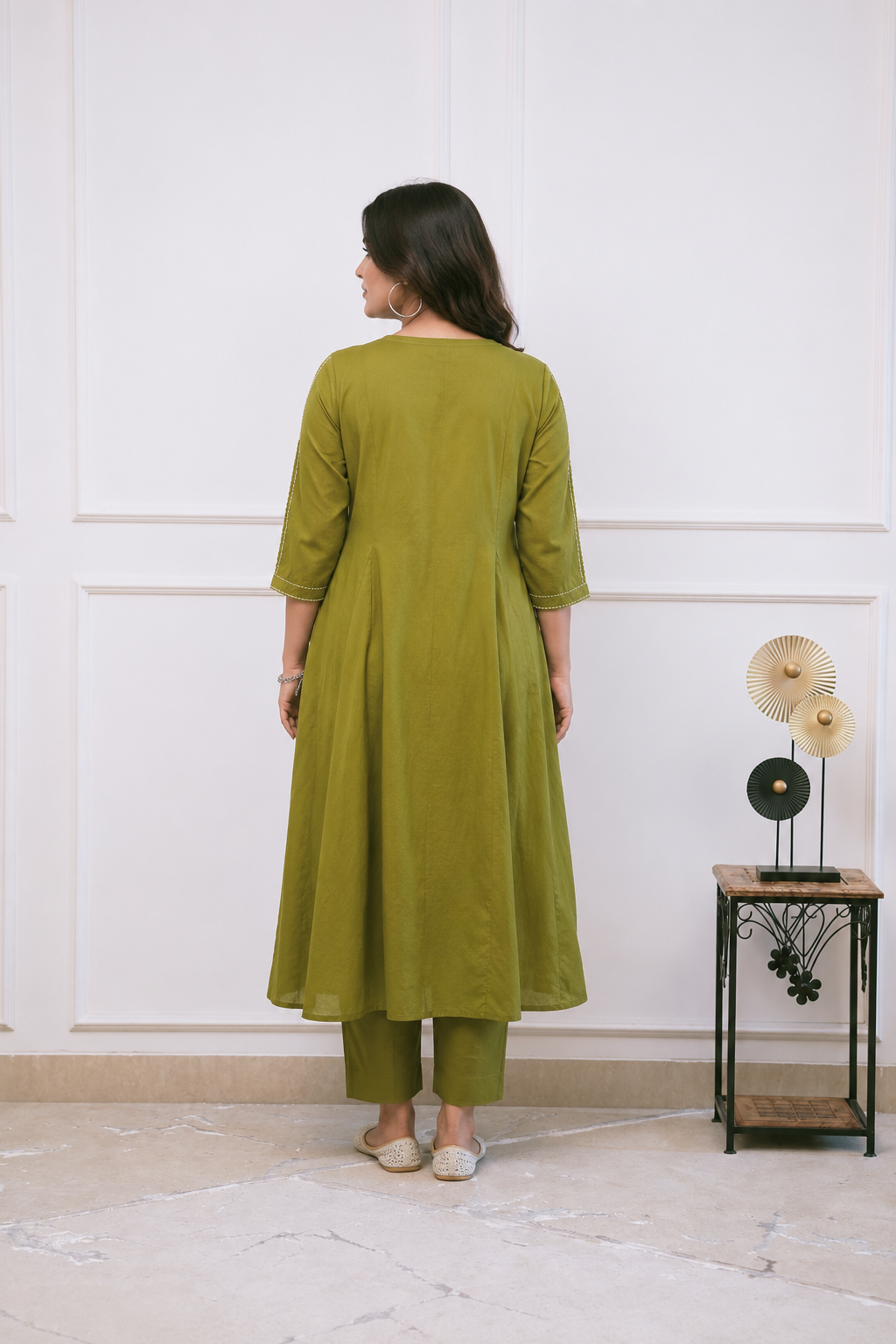Olive Green Embroidered Cotton Kurta Set With Pants for Women