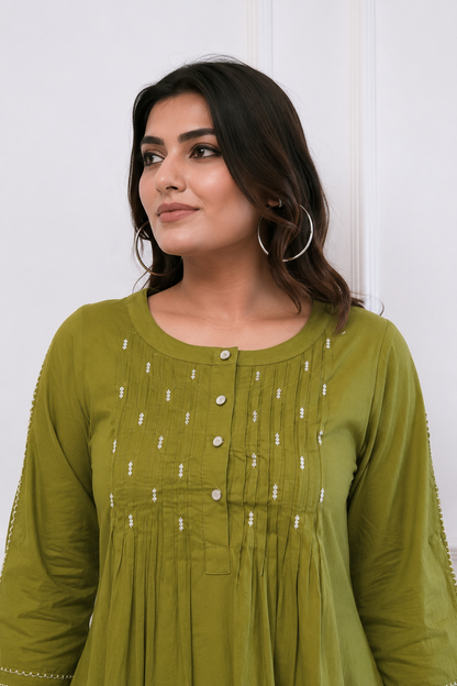 Olive Green Embroidered Cotton Kurta Set With Pants for Women