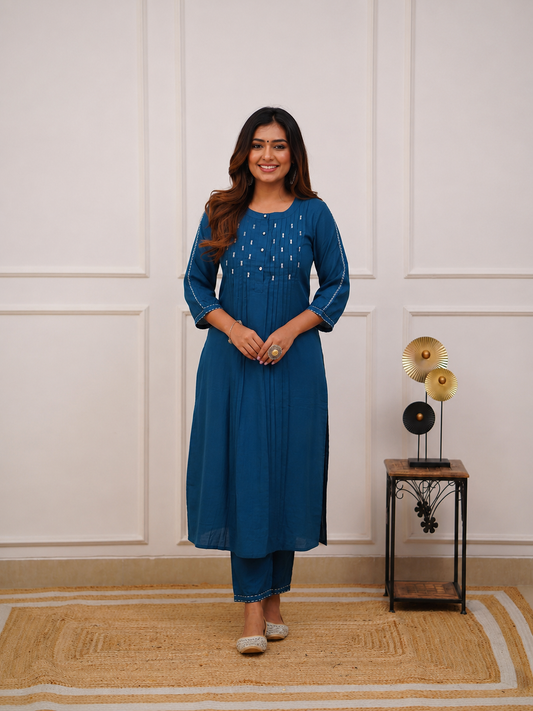 Royal Blue Embroidered Cotton Kurta Set With Pants for Women
