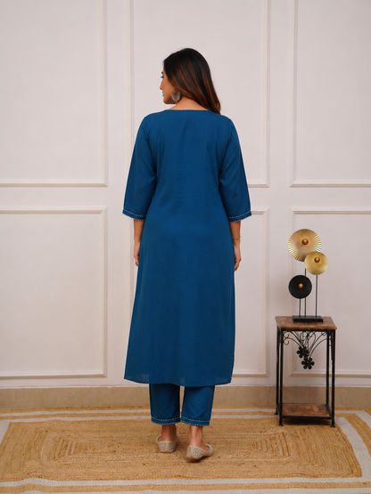 Royal Blue Embroidered Cotton Kurta Set With Pants for Women