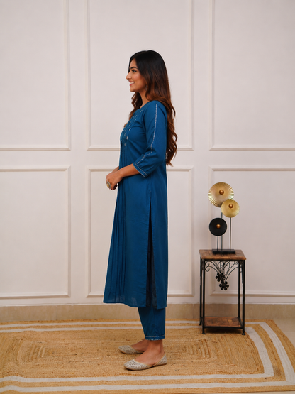 Royal Blue Embroidered Cotton Kurta Set With Pants for Women