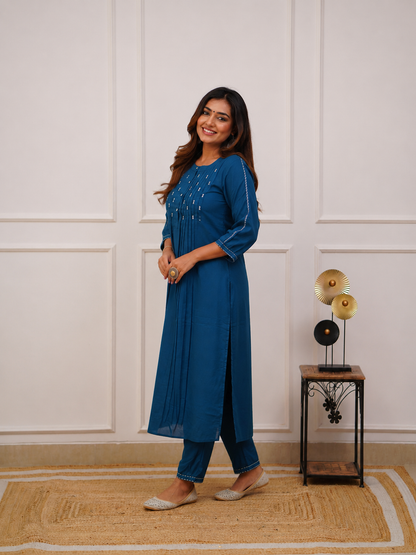 Royal Blue Embroidered Cotton Kurta Set With Pants for Women