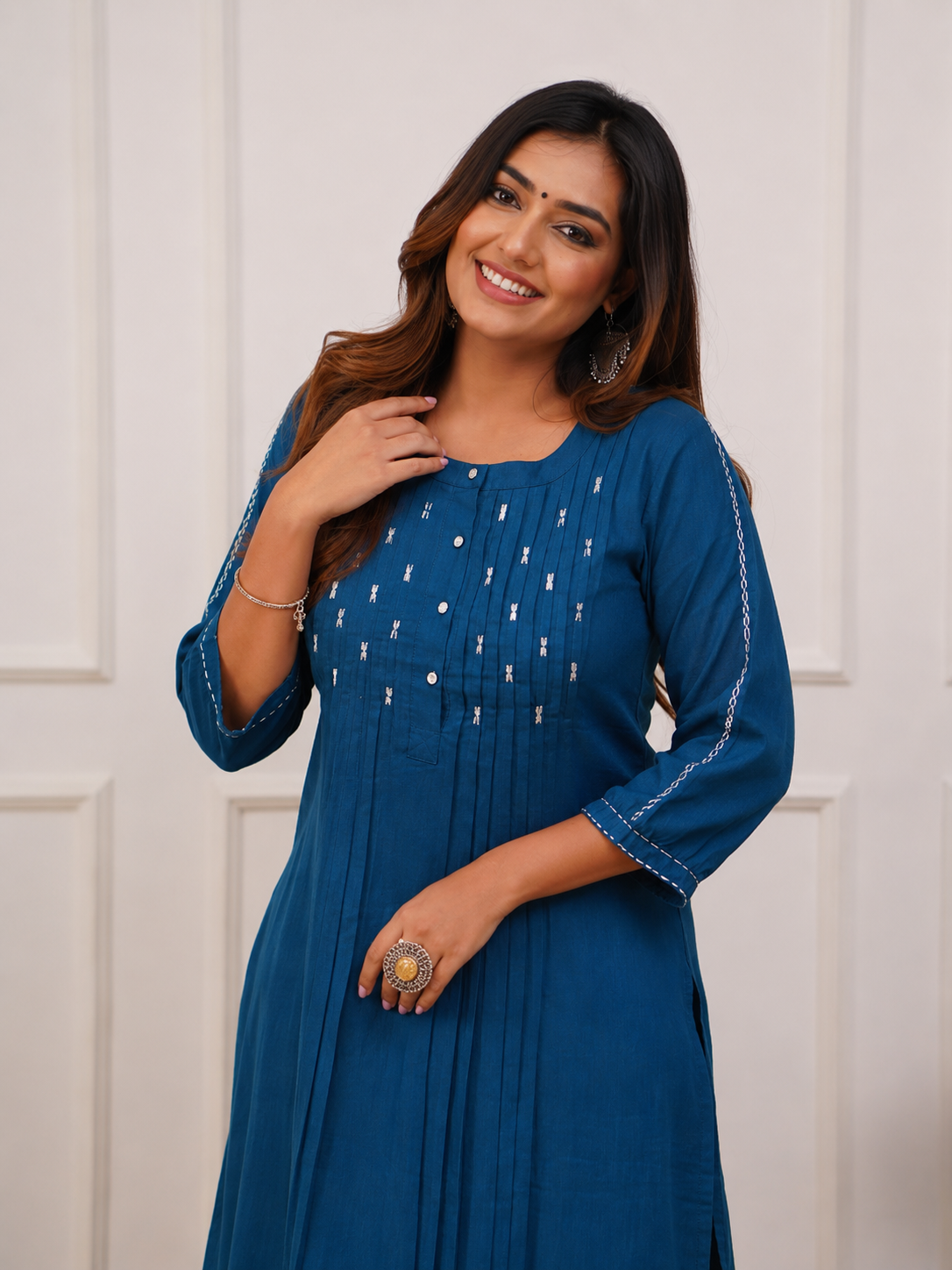 Royal Blue Embroidered Cotton Kurta Set With Pants for Women