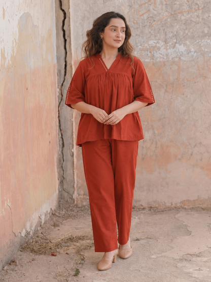 Rust Orange Cotton Co-Ord Set With Pants for Women