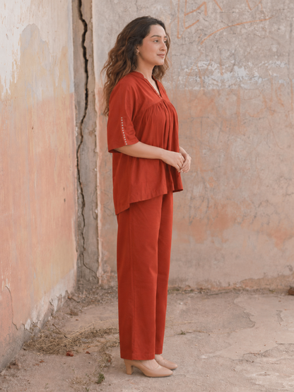 Rust Orange Cotton Co-Ord Set With Pants for Women
