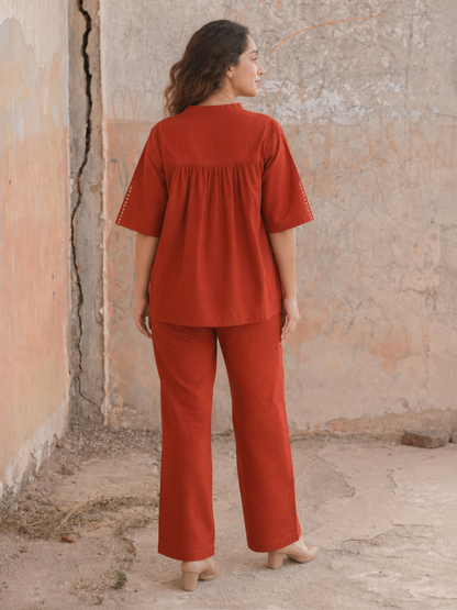 Rust Orange Cotton Co-Ord Set With Pants for Women