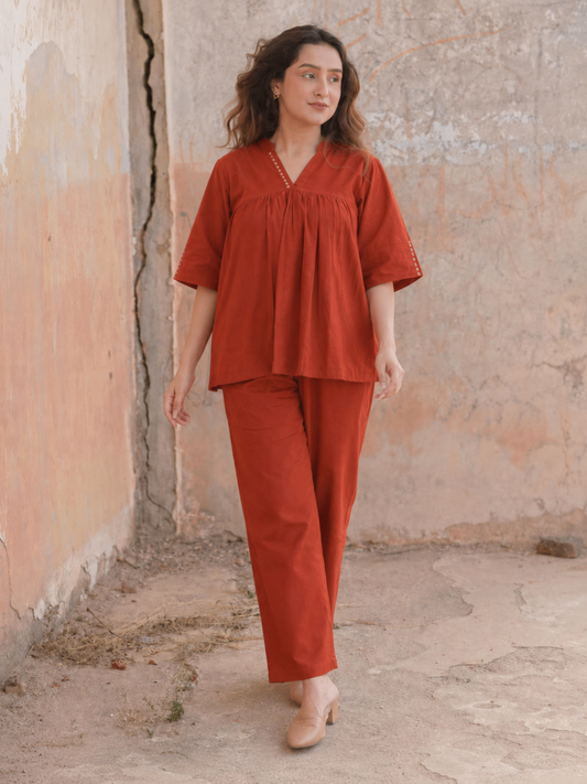 Rust Orange Cotton Co-Ord Set With Pants for Women