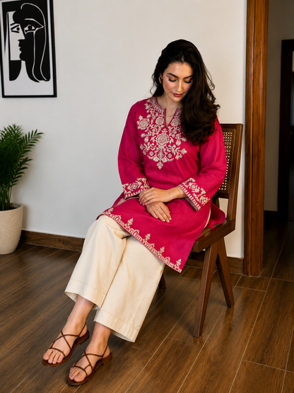 Pink Cotton Embroidered Kurta Set with Palazzo Pants