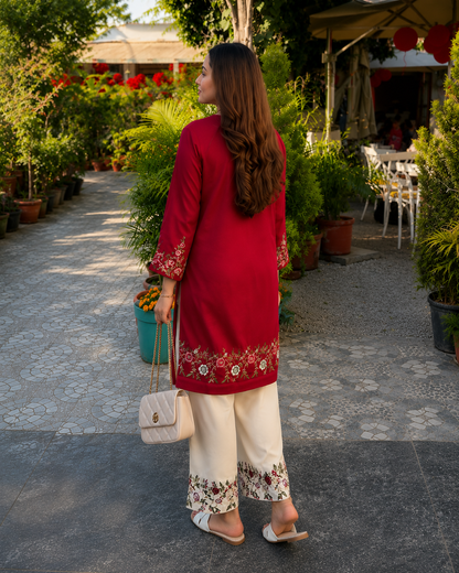 Maroon Floral Embroidered Cotton Co-Ord Set for Women