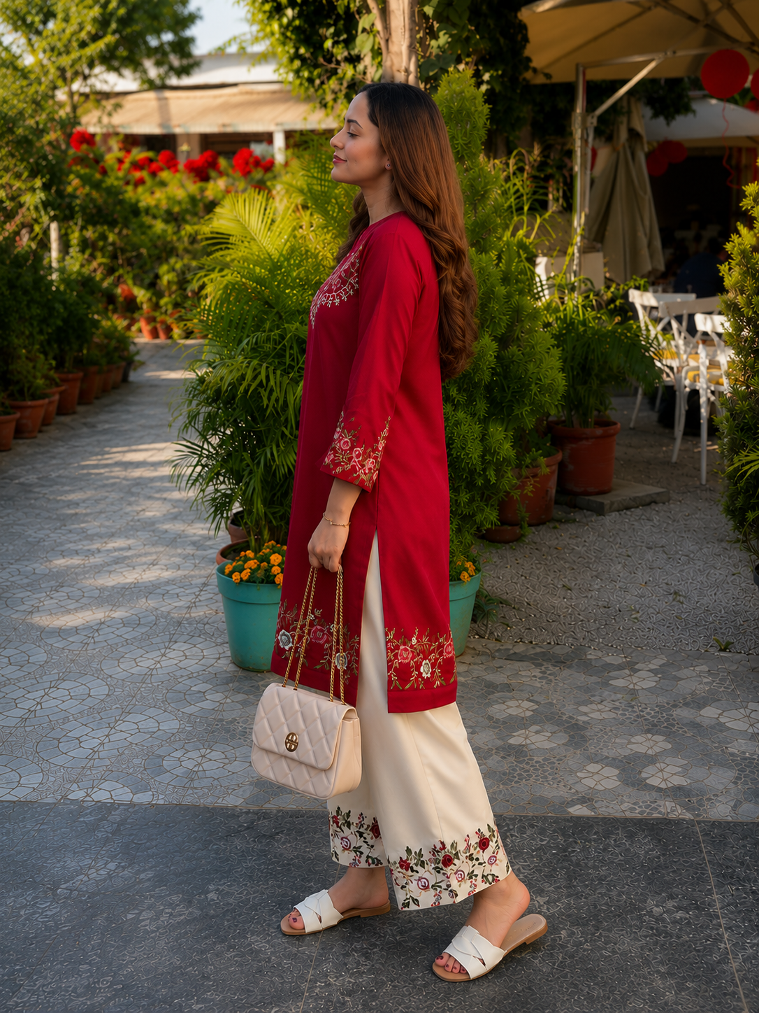 Maroon Floral Embroidered Cotton Co-Ord Set for Women
