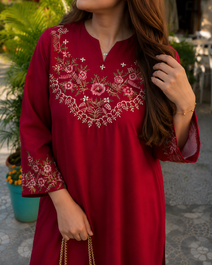 Maroon Floral Embroidered Cotton Co-Ord Set for Women