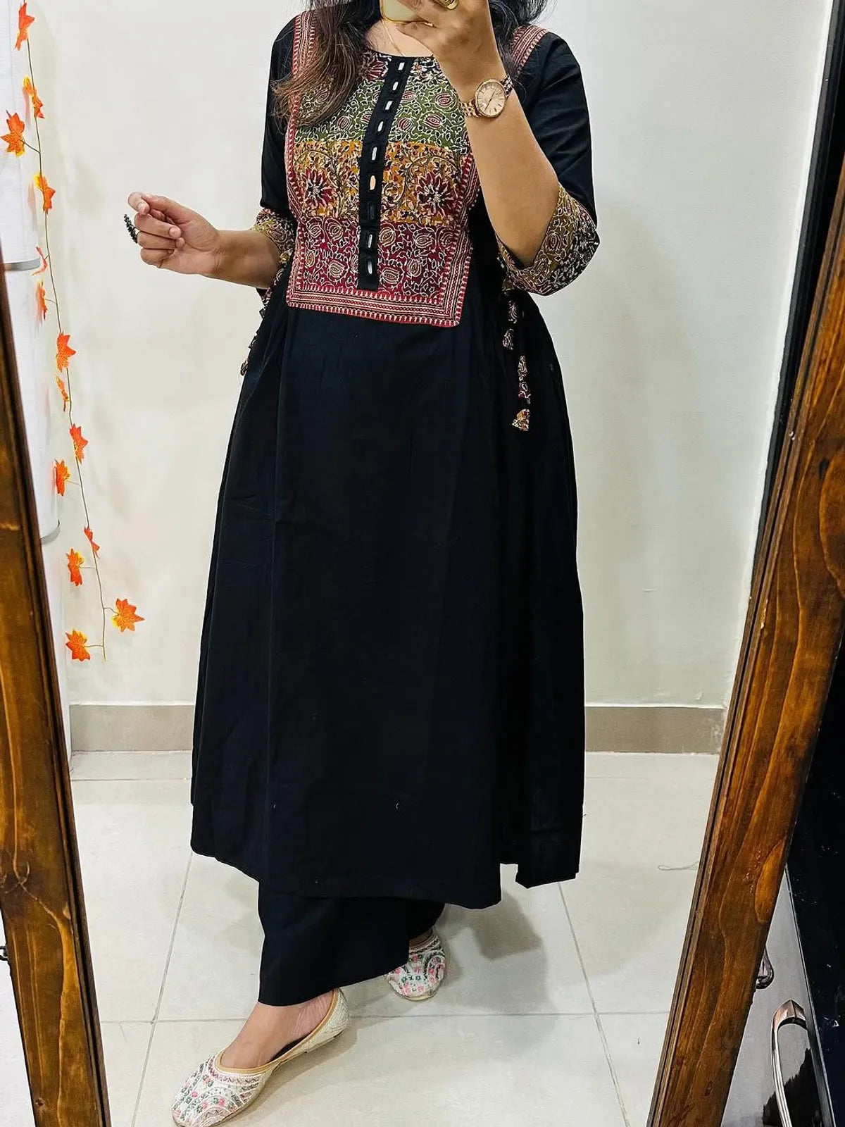 Women’s Black Embroidered Cotton Anarkali Kurta Pant Set