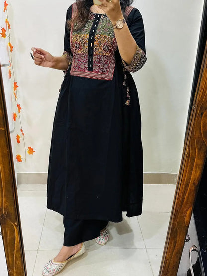 Women’s Black Embroidered Cotton Anarkali Kurta Pant Set